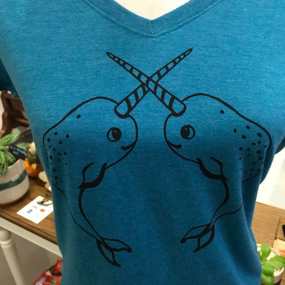 Narwhal Teal V Neck Tee Shirt | Locally Made In Seattle | New - Picture 2 of 3